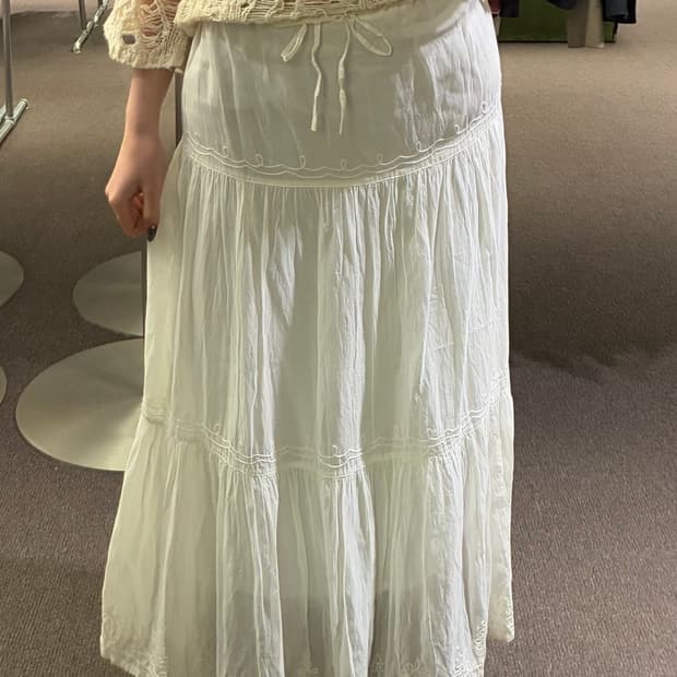 M)Japanese vintage 자수 디테일 밴딩 화이트 롱스커트 (이