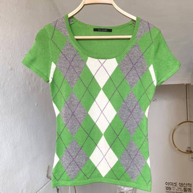 아가일 그린 반팔 니트