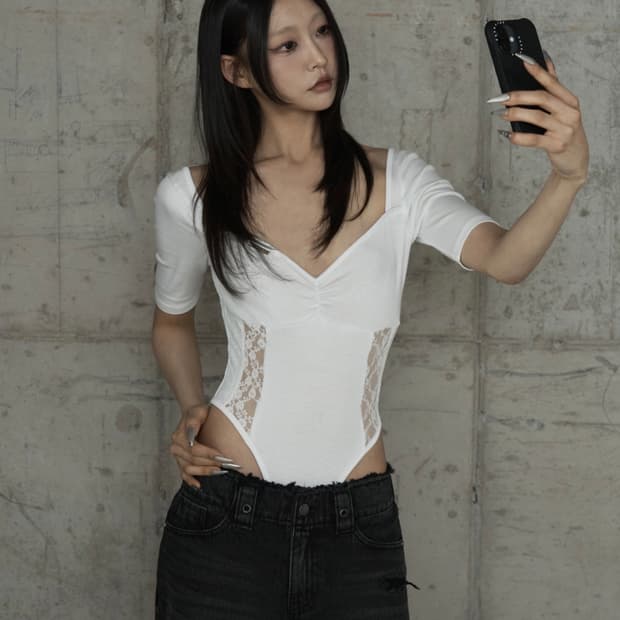 Bust Line Lace Bodysuit (White)