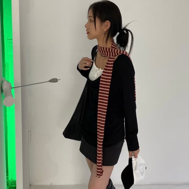 서울베이스드 와인/레드/빨강 줄무늬 면 목도리 스카프