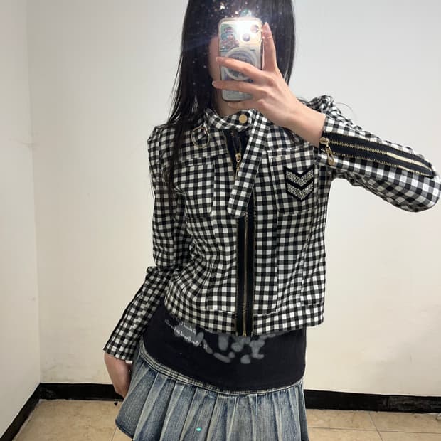 깅엄 체크 펑크 자켓