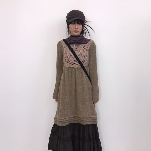 Jpn Beige MoriGirl Crochet Lace Onepiece