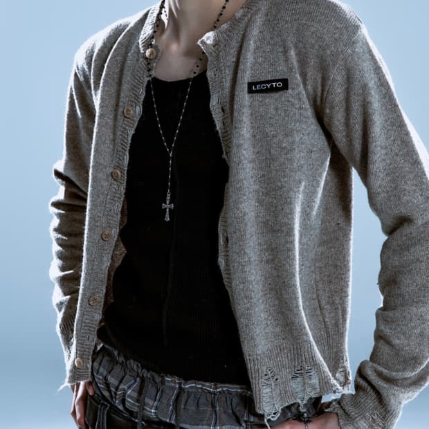 Destroyed Round Wool Knit Cardigan_[Beig