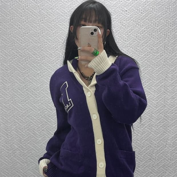 라코스테 숄카라 빅로고 레트로 퍼플 울 니트 가디건 4 C08659