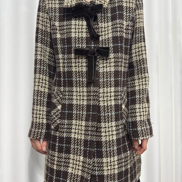 check ribbon wool coat