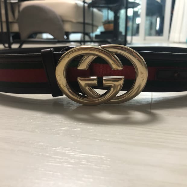 [90] GUCCI 인터로킹 G 금장 쉐리라인 웹 벨트 (162922)