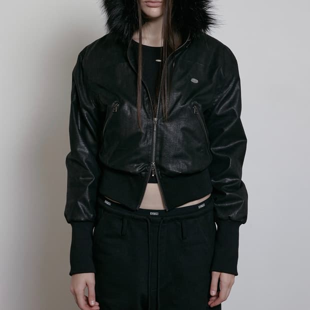 PHYTON LEATHER FUR HOOD ZIP-UP, BLACK