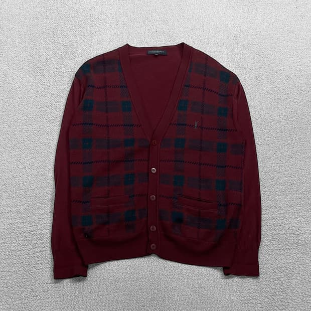 입생로랑 ysl 로고 아가일 니트 가디건 버건디