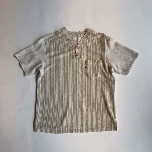 Beige Striped Henley Neck Shirt 