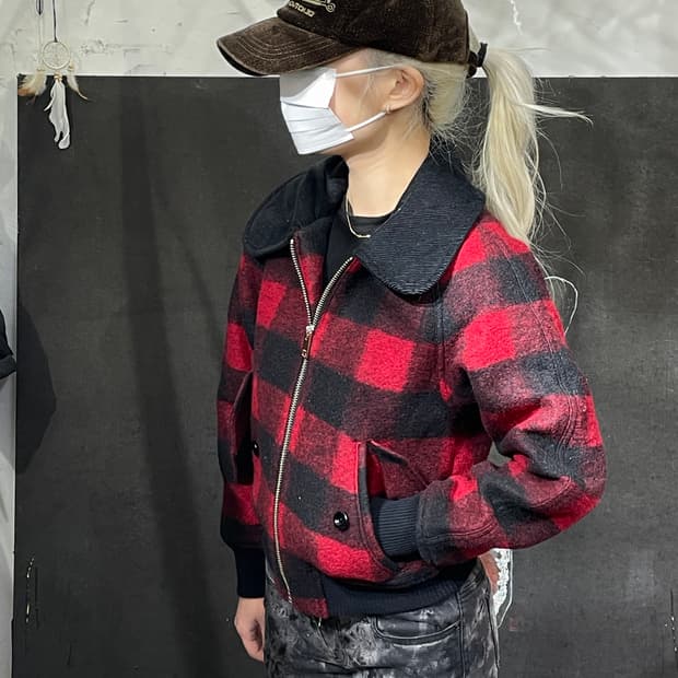 디젤 아카이브 타탄 체크 블루종 크롭 자켓 S