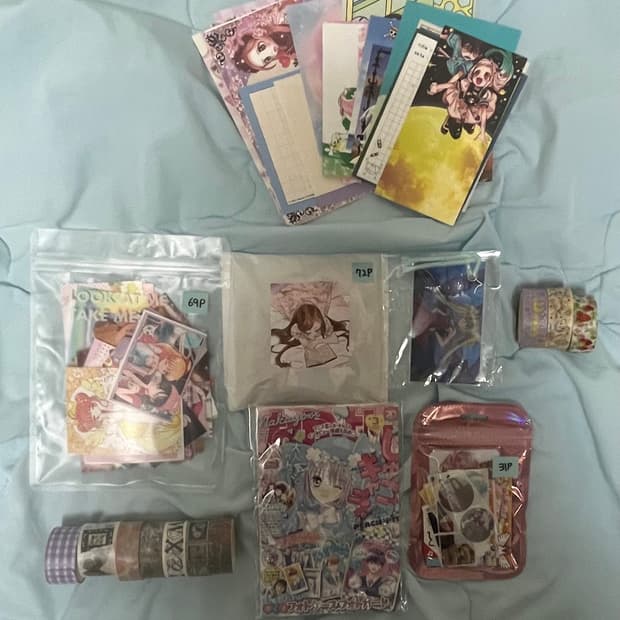  다꾸)애니엽서+애니 도무송+마스킹테이프+메모지 세트