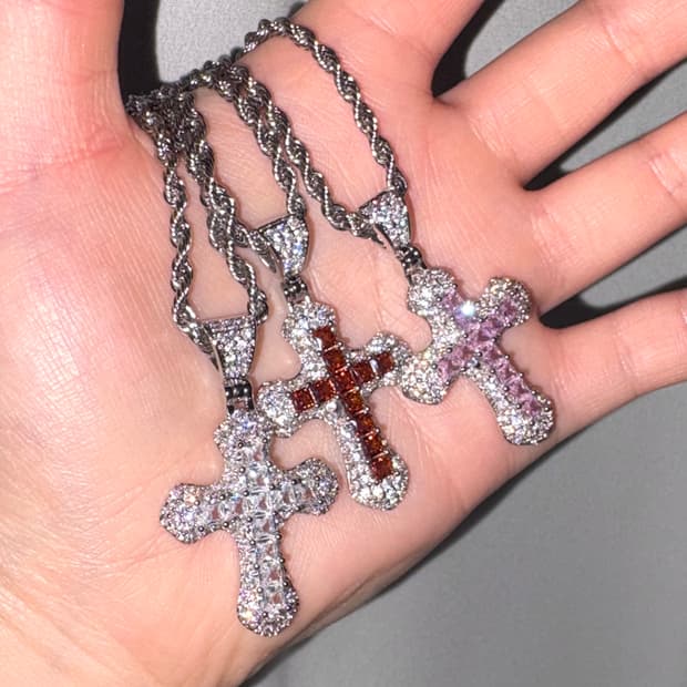 (써지컬)큐빅 지르콘 십자가 써지컬스틸 체인 갸루 키치 목걸이