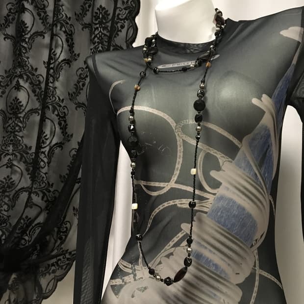 Vintage 블랙 와인 자개 비즈 롱 네크리스 목걸이