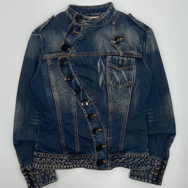 빈티지 버튼 커브드 디테일 데님 자켓