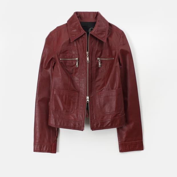 PZA 빈티지 버건디 레드 리얼 가죽 지퍼 크롭 자켓