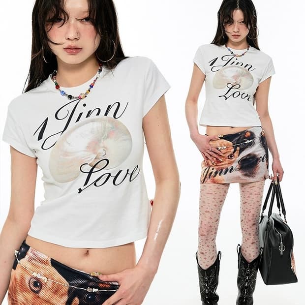 소라껍질 프린팅 크롭티셔츠