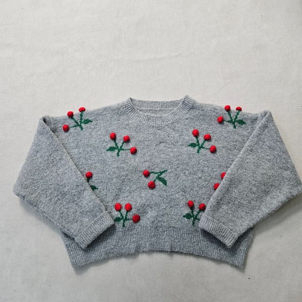 실측확인 빈티지 여성 체리자수 크롭 니트 0323Y