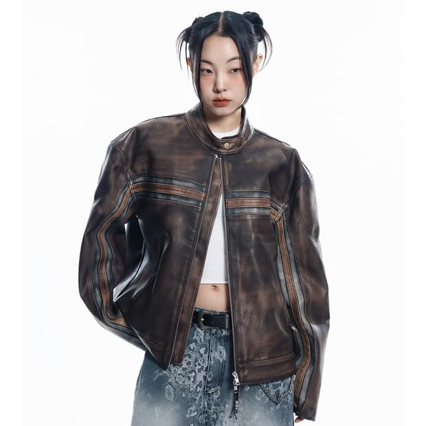 easy no easy 위시드 라인 레더자켓
