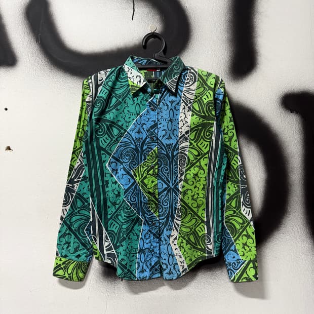 VTG 빈티지 블루그린 패턴 언발 긴팔 셔츠