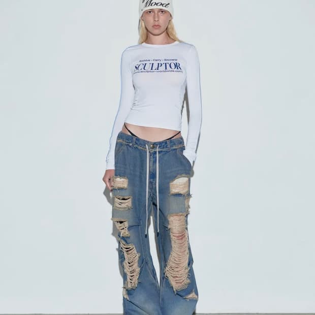 스컬프터Destroyed Denim Pants Brushed Indigo