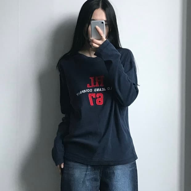 폴로 진스 자수로고 네이비 롱슬리브 긴팔티