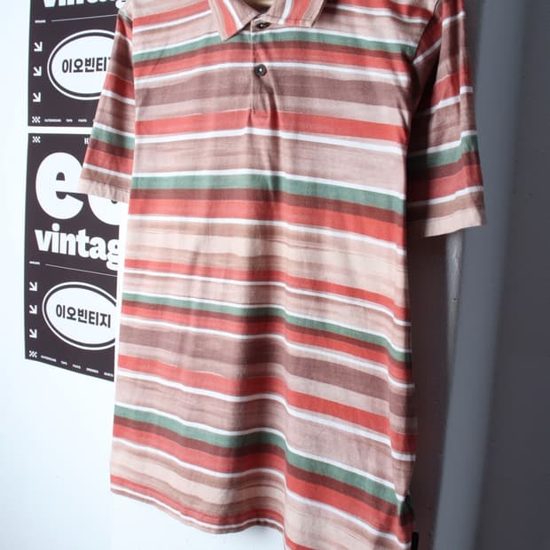 (L-XL) 테드베이커 반팔 카라 티셔츠 스트라이프 브라운-H34083