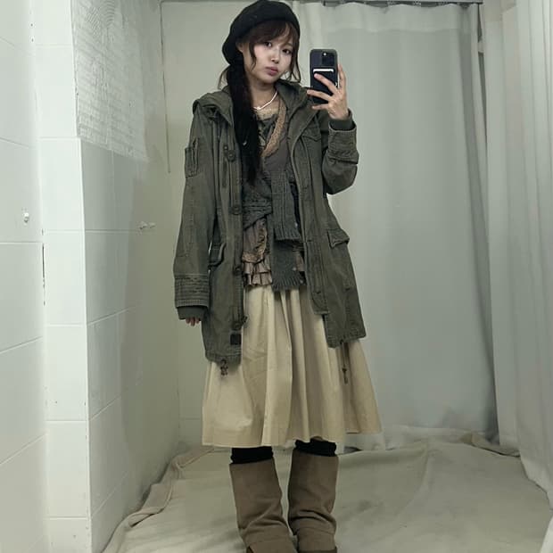 카키 그런지 히피모리 야상 코디세트