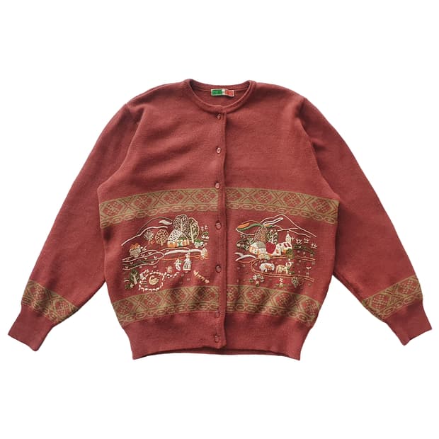 빈티지 유럽 시골 자수 울 100 니트 가디건