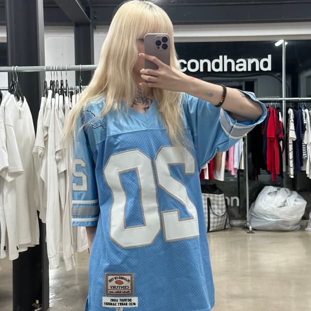 빈티지 풋볼져지 소라색 오버핏 반팔