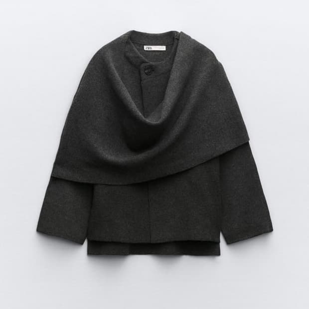ZARA 자라 언밸런스 머플러 디테일 니트 숏 코트 / 차콜