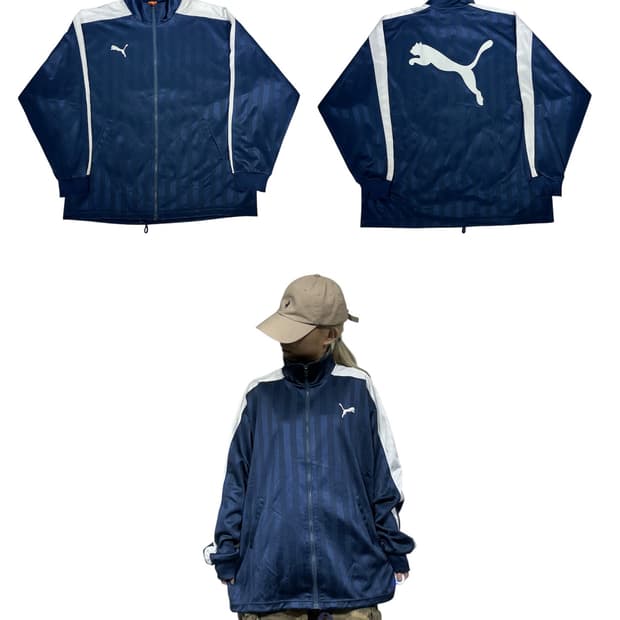 푸마 네이비 빅 로고 화이트 사이드 라인 트랙탑 져지 L