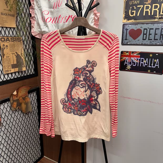 Pink Stripe Mesh Print Long-Sleeve T-Shi