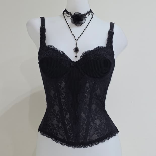 일본빈티지)블랙 고딕오네갸루st로맨틱 리본레이스 코르셋 새틴 탑란제리브라