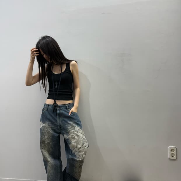 카라쿠리 타마시 파이톤 패턴 자수 와이드 데님팬츠