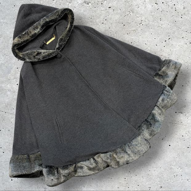 발망 파리 후드 케이프 모직 챠콜 퍼 코트 D373