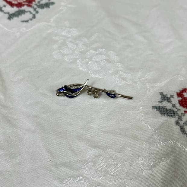 빈티지 실버톤 블루 에나멜 플라워 브로치
