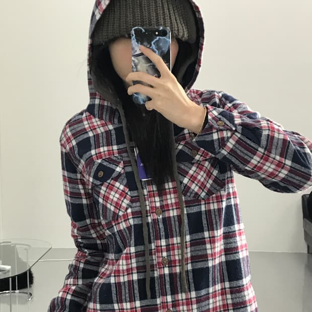 JPN 체크 패턴 후드셔츠