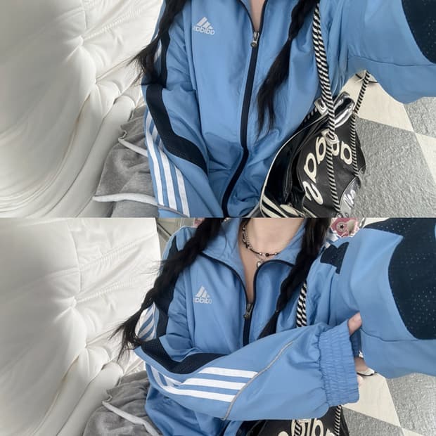 아디다스 스카이블루 삼선 바람막이 
