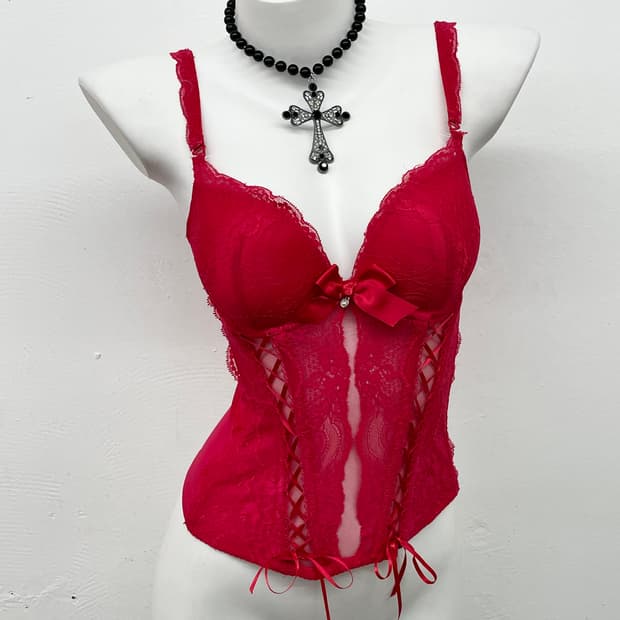 에블린 레드 아일렛 자수 코르셋
