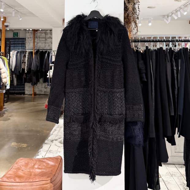 랑방 블랙 울 실크 양털카라 가디건 코트