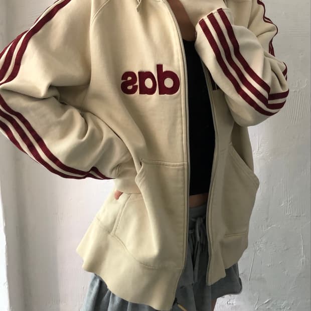 Adidas 아디다스 베이지/레드 레터링 코튼 후드집업