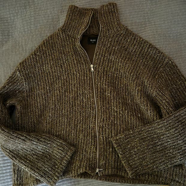 카라 집업 가디건 브라운