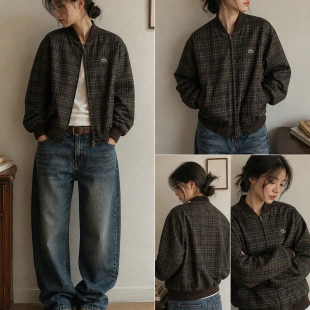 90s CHEMISE LACOSTE 리버시블 체크 블루종 자켓 (L)