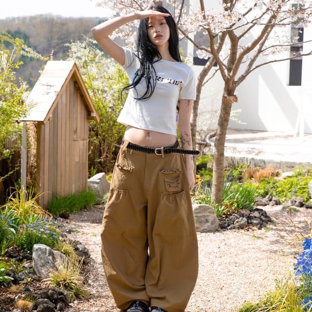 루나키후 사키 프릴 시어서커 와이드 팬츠