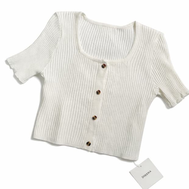 쉬엔나 스퀘어넥 골지 크롭 반팔 가디건