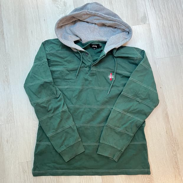 스투시 그린 스트라이프 후드 헨리넥 티셔츠 L사이즈