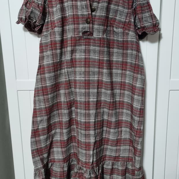 일본브랜드 체크무늬 퍼프 원피스