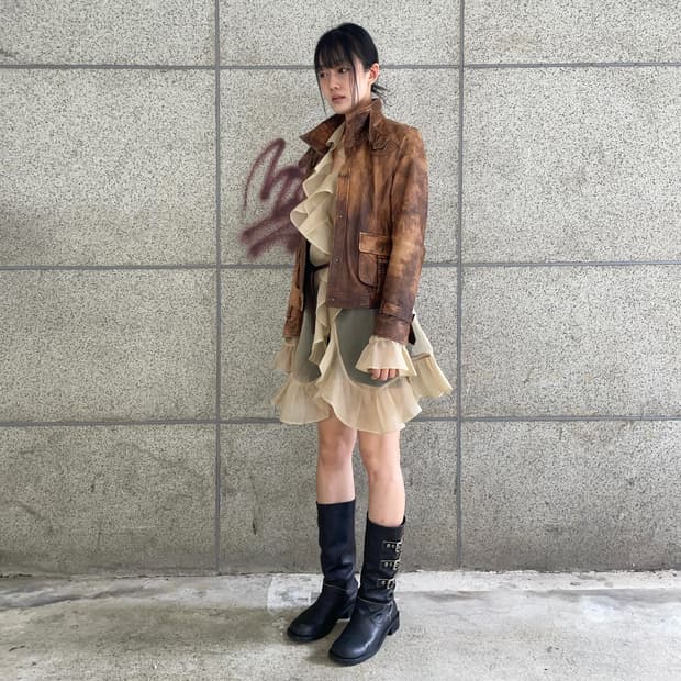 Brown washing sheepskin leather jacket