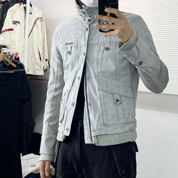 S(M) 아르마니 하이넥 투웨이 더티워싱 바이커 자켓