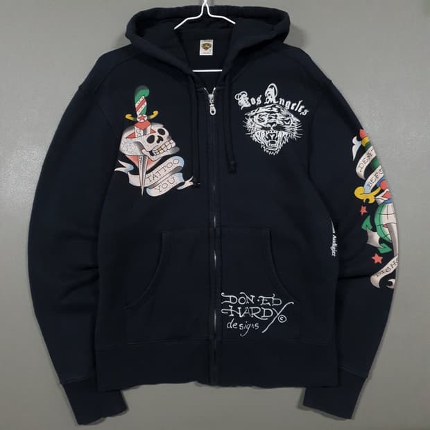실측 M) EdHardy 에드하디 타이거 스컬 타투 그래픽 후드집업 블랙